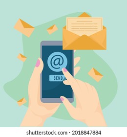 Hand Holding Mobile Phone while Mailing Vector Illustration