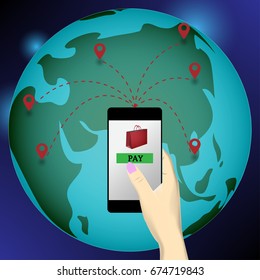 Hand is holding mobile phone while pay money to buy product shopping online around the world.