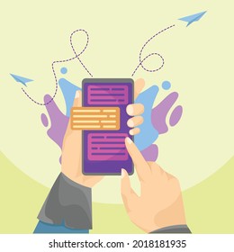 Portar el teléfono móvil mientras se envía mensajes de texto con la ilustración del vector
