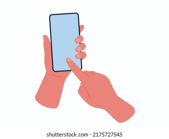 Hand Holding Mobile Phone,finger Touching,scrolling Or Click On Screen.Cartoon Vector Illustration Of Two Hands And Smartphone Isolated On White Background.