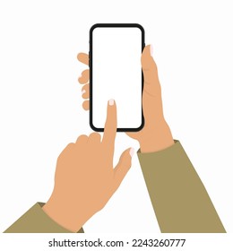 Hand holding mobile phone,finger touching,scrolling or click on screen.Cartoon vector illustration of two hands and smartphone isolated on white background. 