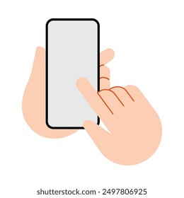 Mano que sostiene el icono del contorno de los teléfonos móviles. Los dedos tocan, tocan, desplazan las pantallas de los teléfonos inteligentes, utilizando aplicaciones. Personas manejando celulares. Ilustración vectorial plana aislada sobre fondo blanco