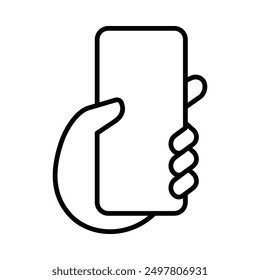 Hand holding mobile phones outline icon. Fingers touching, tapping, scrolling smartphone screens, using applications. People handling cellphones. Flat vector illustration isolated on white background