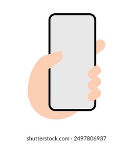 Hand holding mobile phones outline icon. Fingers touching, tapping, scrolling smartphone screens, using applications. People handling cellphones. Flat vector illustration isolated on white background