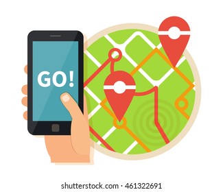 Hand holding mobile, searching on the map. Virtual augmented reality game. Vector illustration.
