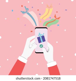 Entrega de regalo de envío a través de la mano en línea, regalo sorpresa, acción de gracias, Santa cláusula enviar un concepto de regalo.