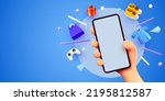 Hand holding mobile smart phone with shopp app and fashion items. Online shopping concept. Vector illustration