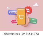 Hand holding mobile smart phone with shopp app. Online shopping concept. 3D Web Vector Illustrations.