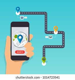 Hand holding mobile smart phone app with track displayed. Navigation concept. Flat design modern vector illustration concept.