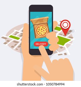 Hand holding mobile smart phone with delivery food app. Order food online. Vector modern flat creative info graphics design on application.