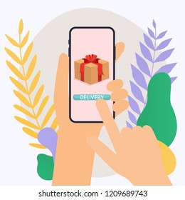 Hand holding mobile smart phone with delivery app. Vector modern flat creative info graphics design on application.