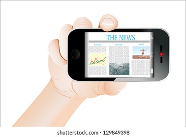 Hand holding mobile smart phone with news article on the screen. Isolated on white.