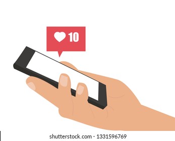 Hand holding mobile smart phone. Social media marketing concept. Vector illustration. Flat design style with gradients. Ideal for social media post