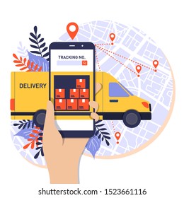 Hand holding mobile smart phone with app delivery tracking. Vector modern flat creative info graphics design on application