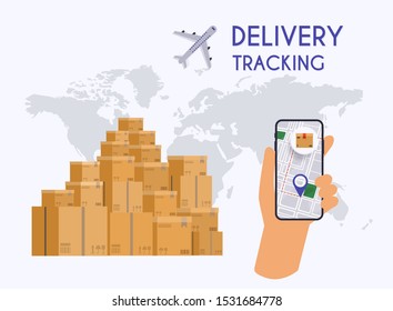 Hand holding mobile smart phone with app delivery tracking. Vector modern flat creative info graphics design on  application. 