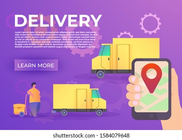 Hand holding mobile smart phone with app delivery tracking. Modern flat design creative info graphics on application. Vector illustration
