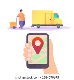 Hand holding mobile smart phone with app delivery tracking. Modern flat design creative info graphics on application. Vector illustration