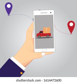 Hand holding mobile smart phone with app delivery tracking. Vector modern flat creative info graphics design 