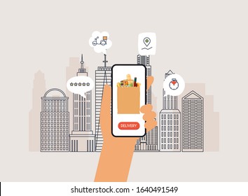 Hand holding mobile smart phone with delivery food app. Order food online. Vector modern flat creative info graphics design on application.