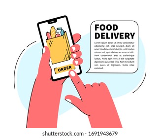 Hand holding mobile smart phone with food delivery service mobile application. Order grocery online. Fast delivery. Supermarket online shopping.