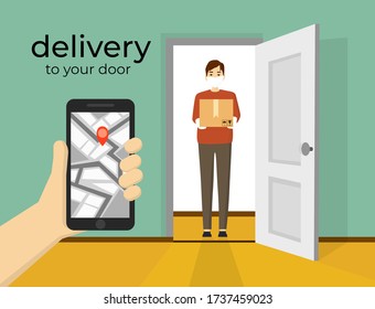 Hand holding mobile smart phone with app delivery tracking. Order delivered message. Vector illustration concept for web landing page template, banner, flyer and presentation. 