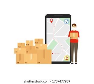 Hand holding mobile smart phone with app delivery tracking. Order delivered message. Vector illustration concept for web landing page template, banner, flyer and presentation. 