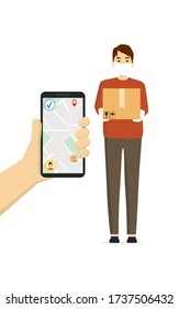 Hand holding mobile smart phone with app delivery tracking. Order delivered message. Vector illustration concept for web landing page template, banner, flyer and presentation. 