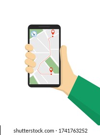 Hand holding mobile smart phone with app delivery tracking. Order delivered message. Vector illustration concept for web landing page template, banner, flyer and presentation. 