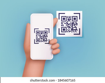 Hand holding mobile smart phone with scan QR code. Scanning qr code and online payment, money transfer. Electronic , digital technology, barcode. Vector illustration.