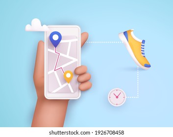 Hand holding mobile smart phone app with track displayed with route. Vector fitness route tracking concept illustration. 3D Vector Illustrations.