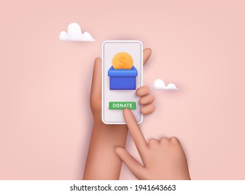 Hand holding mobile smart phone with donation money. 3D Web Vector Illustrations.