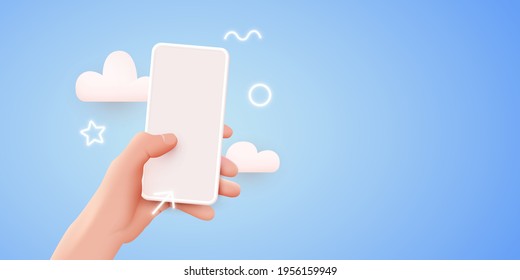 Hand holding mobile smart phone with blank screen. Modern mockup. Vector illustration