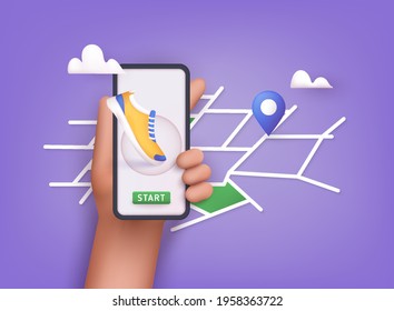 Hand holding mobile smart phone app with track displayed with route. Vector fitness route tracking concept illustration. 3D Vector Illustrations.