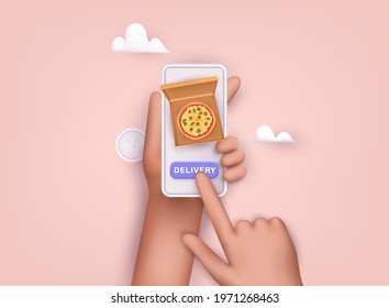 Hand holding mobile smart phone with delivery food app. Order food online. 3D Vector Illustrations.