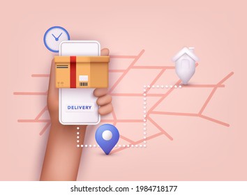 Hand holding mobile smart phone with app delivery tracking. 3D Vector Illustrations.