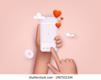 Hand holding mobile smart phone with social media app. Smartphone with interface post on social network. 3D Web Vector Illustrations.