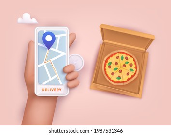 Hand holding mobile smart phone with delivery pizza app. Order food online. 3D Vector Illustrations.