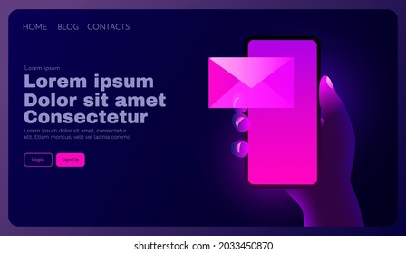 Hand holding mobile smart phone with mail app. Mail service concept. Vector illustration