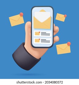 Handhalten Sie Handy Smartphone mit E-Mail-App. Postdienstkonzept 3D Business Illustration, frei zu bearbeiten. Internetkommunikation, E-Mail-Marketing. Mobile App Design, Onboarding Brief. Anwendung