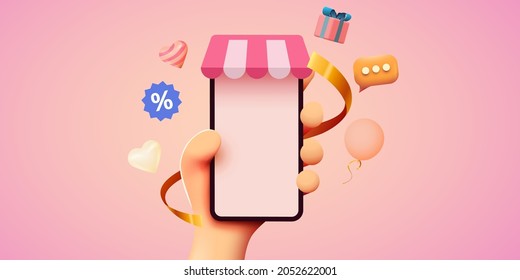 Hand holding mobile smart phone with shopp app. Online shopping concept. Vector illustration