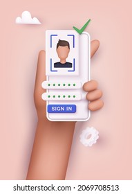 Hand holding mobile smart phone with face recognition app. 3D Web Vector Illustrations. 