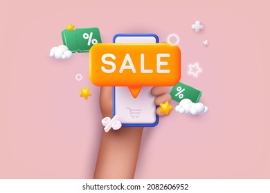 Hand holding mobile smart phone with shopping app. Discount banner design. Online shopping concept. 3D Web Vector Illustrations. 