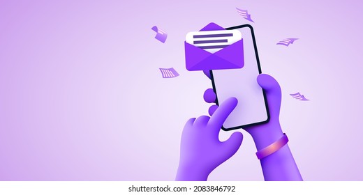 Hand holding mobile smart phone with mail app. Mail service concept. Vector illustration