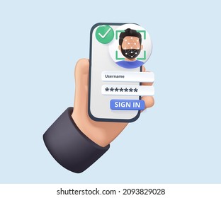 Hand holding mobile smart phone with face recognition app. 3D Web Vector Illustrations. Identification of a person through the system of recognition of a human face. 3D free to edit. Smartphone scan.