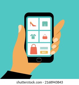 Hand holding mobile smart phone with shopp app. Online shopping concept. 3D Web Vector Illustrations.