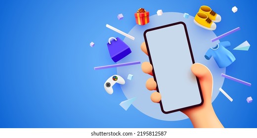 Hand holding mobile smart phone with shopp app and fashion items. Online shopping concept. Vector illustration