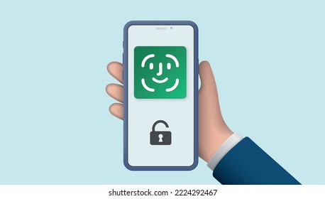 Hand holding mobile smart phone with face recognition app.