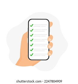 Mano sosteniendo el teléfono inteligente móvil con с aplicación de lista de problemas. Finalización satisfactoria de las tareas empresariales. Planificación mensual, lista de tareas, gestión de tiempo. Plan cumplido, tarea completada. Ilustración del vector