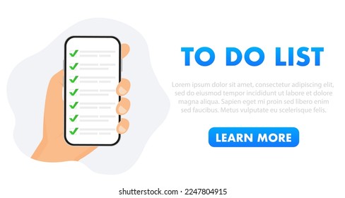 Hand holding mobile smart phone with сhecklist app. Successful completion of business tasks. Month planning, to do list, time management. Plan fulfilled, task completed. Vector illustration