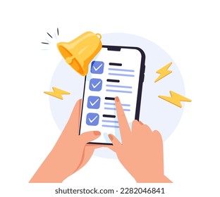 Hand holding mobile smart phone with сhecklist app. Time management successful completion of business tasks. Reminder. Hand drawn style vector design illustrations